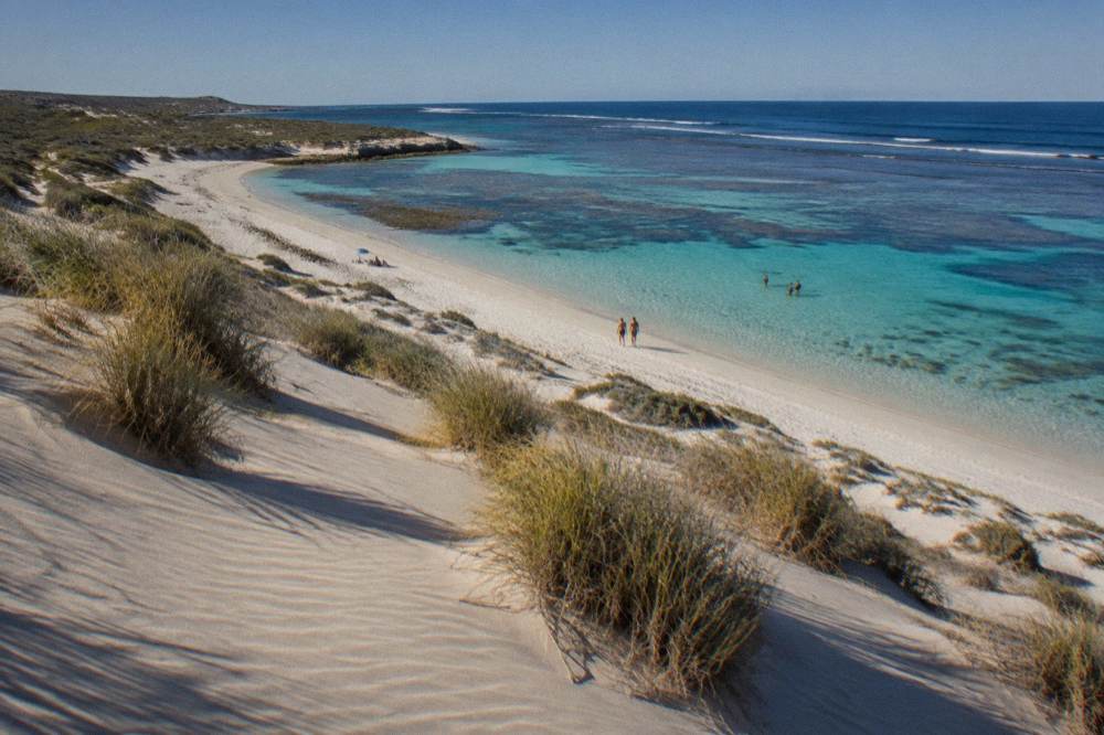 A white sand beach meeting clear shallow reef water under a blue sky