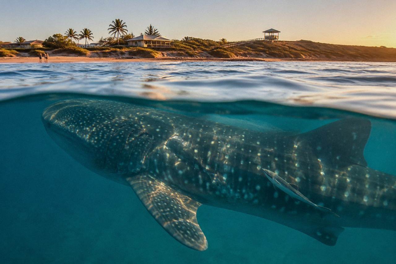 A whale shark swimming near the surface over the clear blue water of Ningaloo Reef