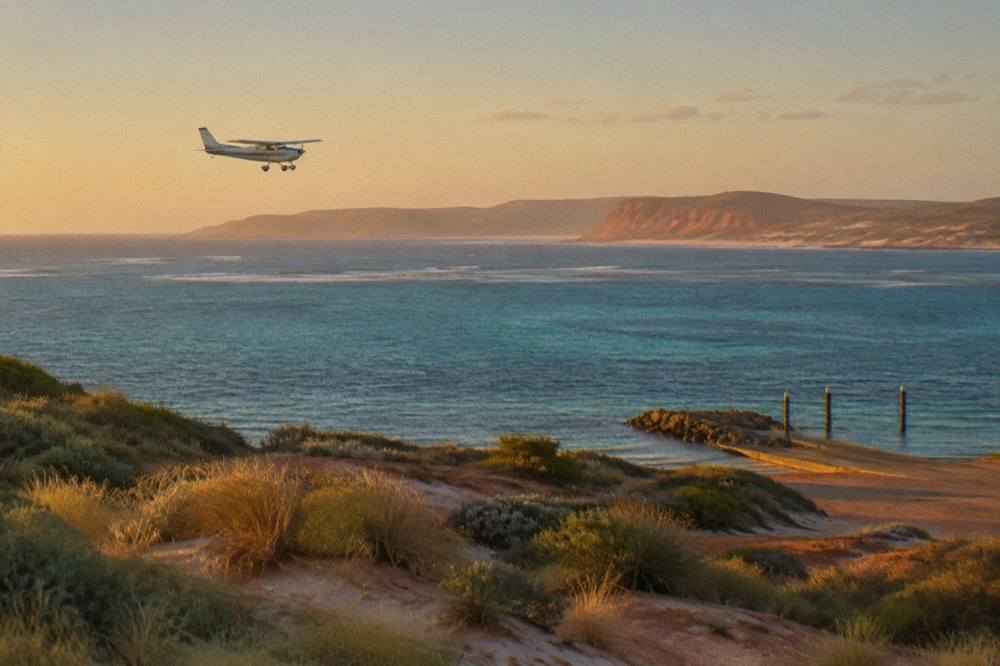 A spotter plane flying low over the reef with the Ningaloo coastline in the distance
