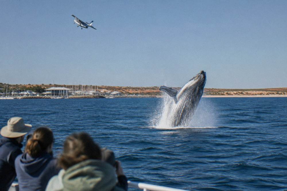 A humpback whale breaching near a tour boat with a spotter plane circling above