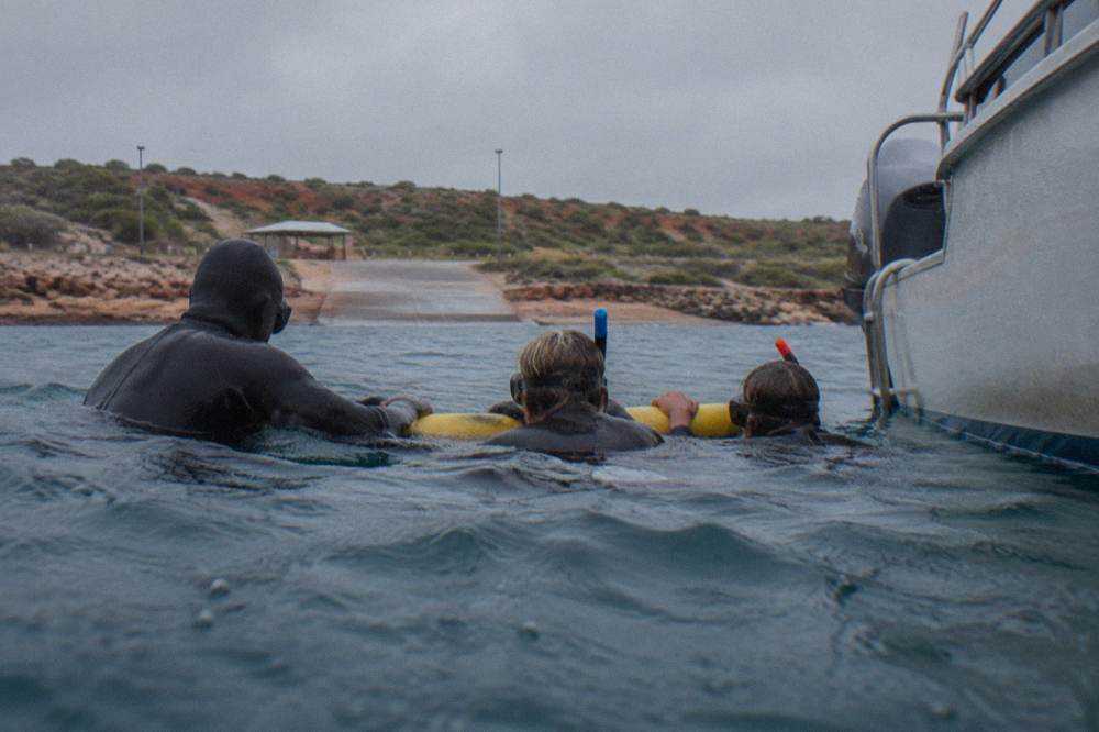 A guide and two snorkellers in wetsuits floating together on the ocean surface