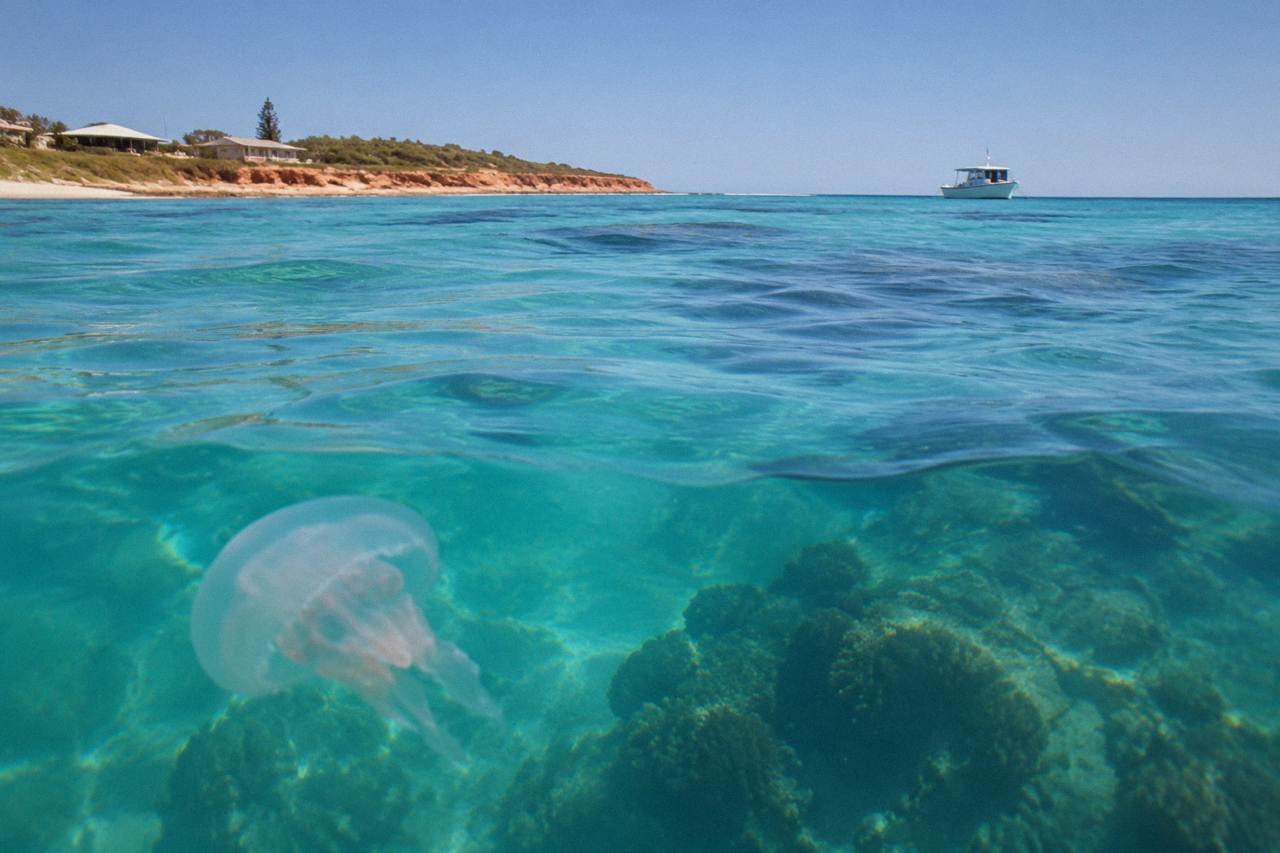Calm turquoise water over Ningaloo Reef with a small boat anchored in the distance