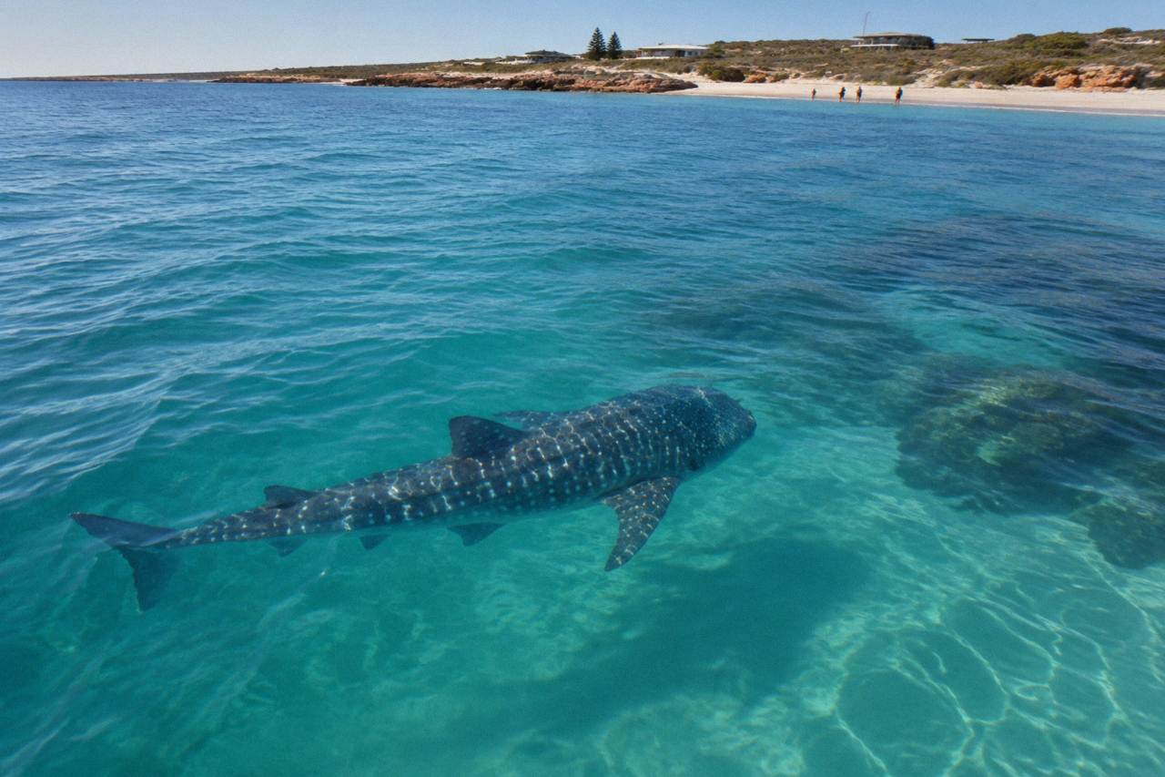 A whale shark swimming near the surface above the clear turquoise water of Ningaloo Reef