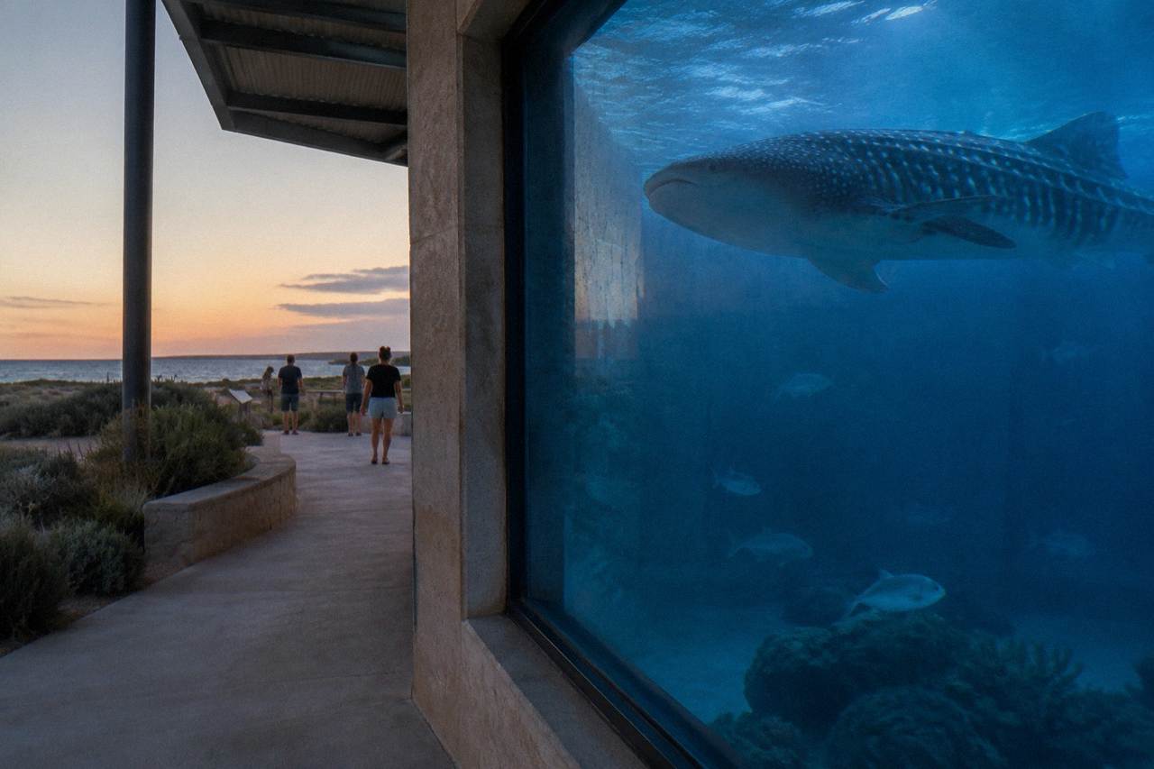 A whale shark swimming near the surface above the clear blue water of Ningaloo Reef