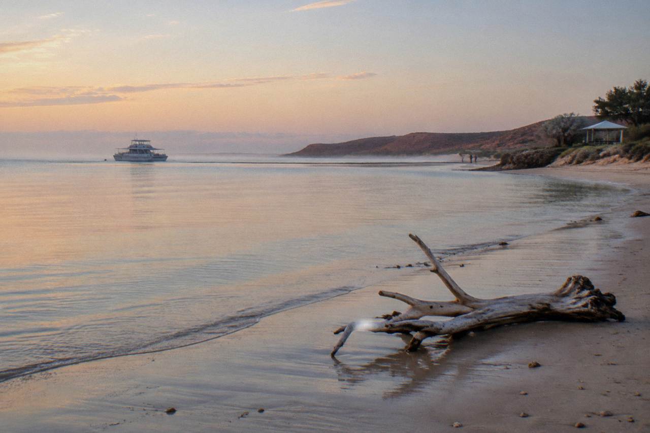 Calm open water beyond Ningaloo Reef with a distant tour boat