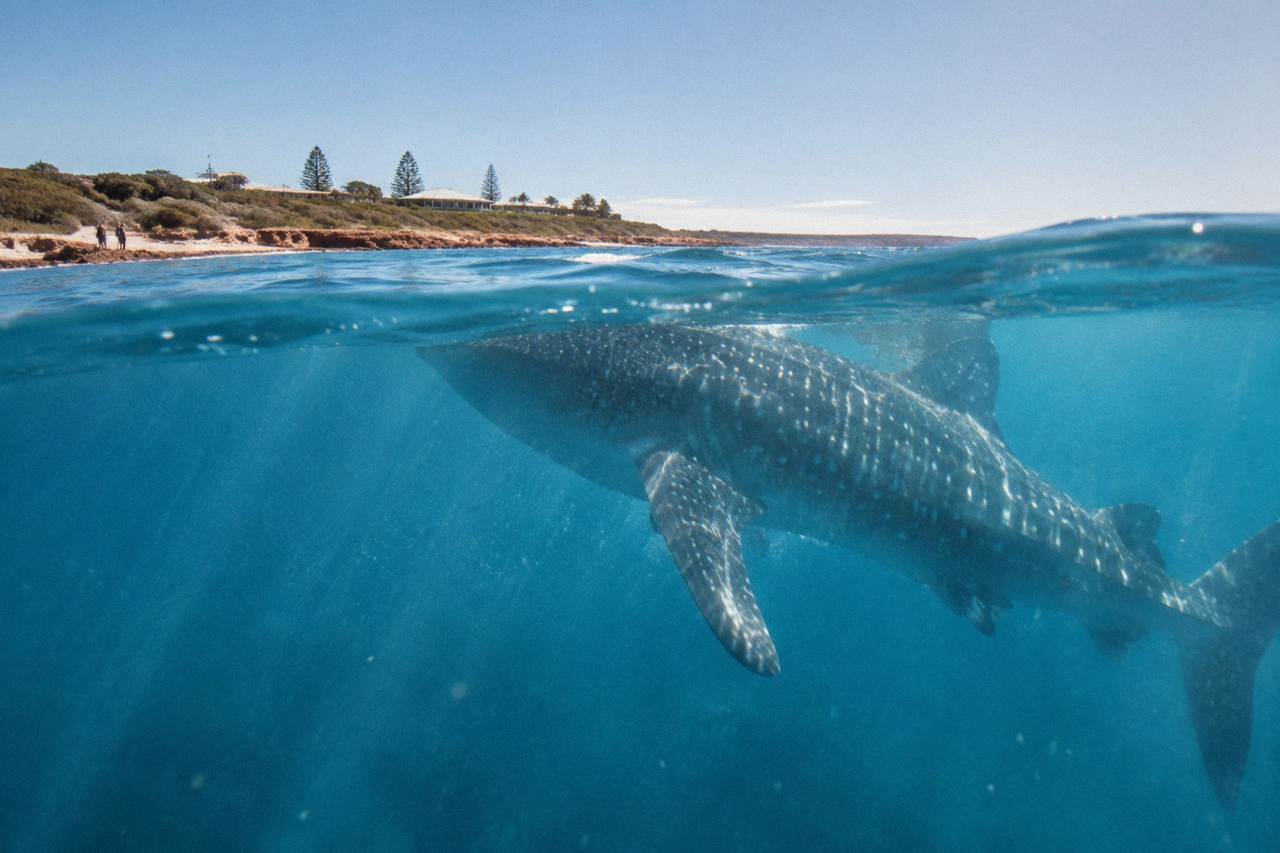 A whale shark swimming near the surface over the clear blue water of Ningaloo Reef