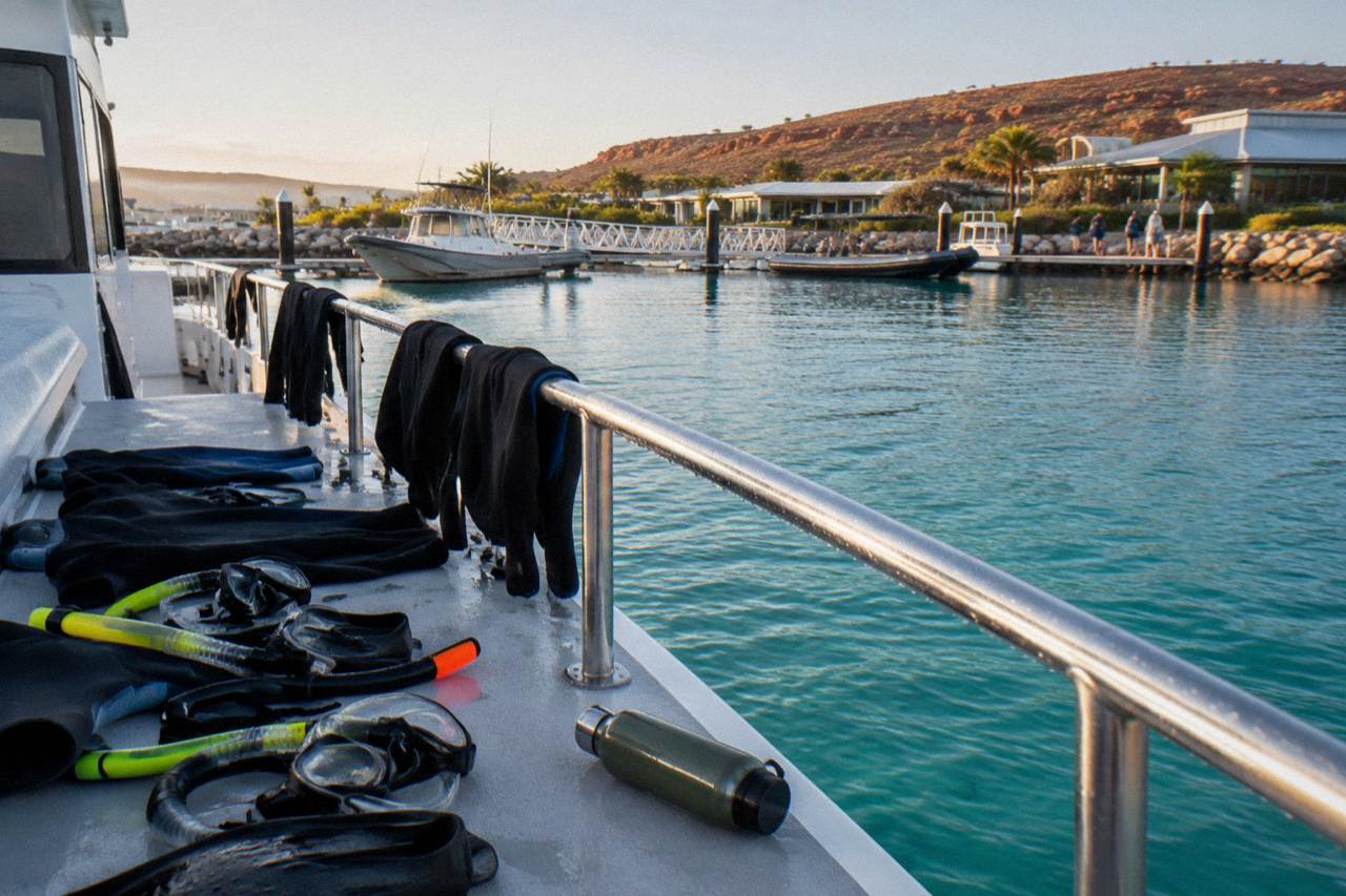 Snorkel gear and wetsuits laid out on the deck of a boat beside calm turquoise reef water