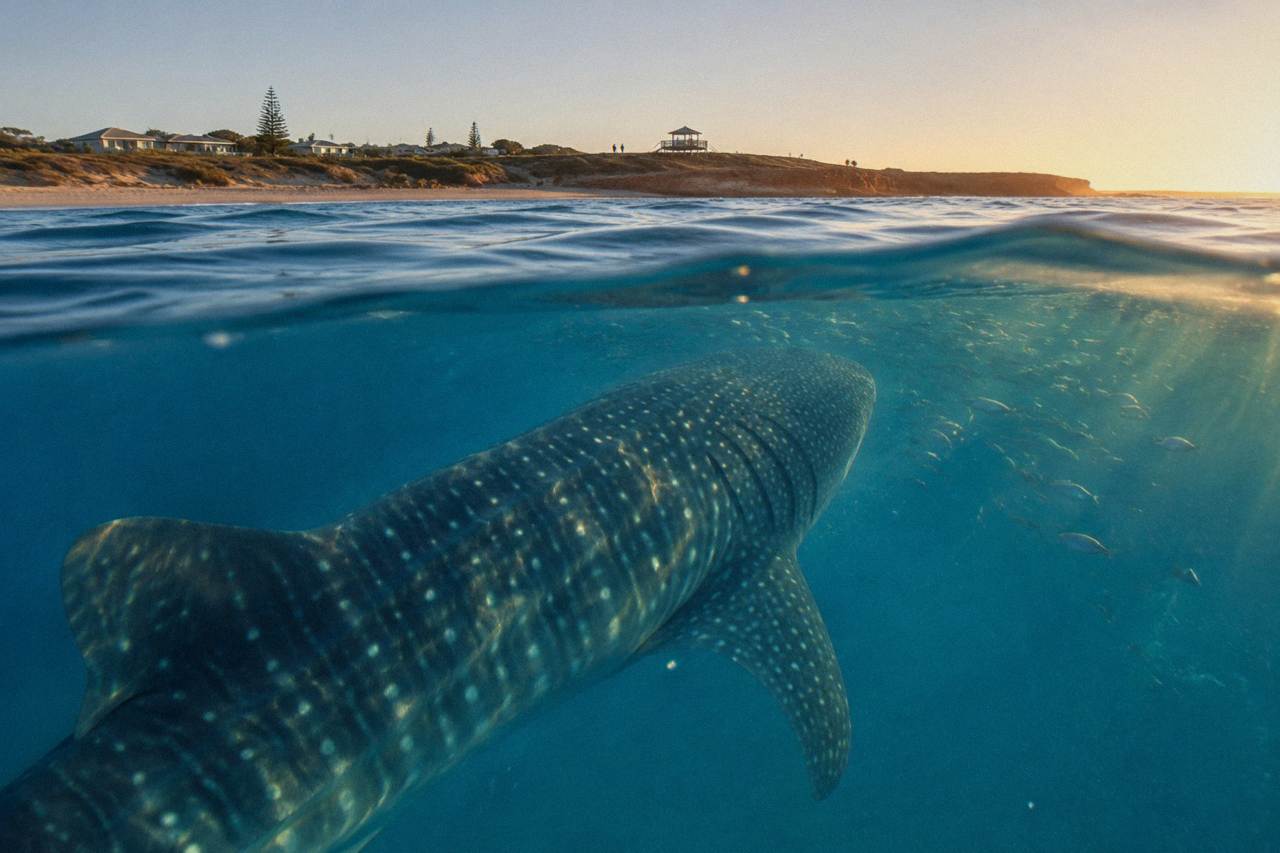 A whale shark swimming near the surface over the clear blue water of Ningaloo Reef