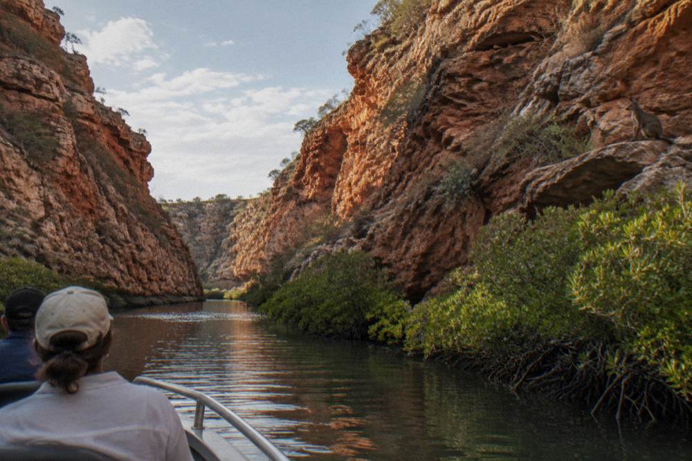 Steep red cliff walls rising above a narrow creek lined with mangroves
