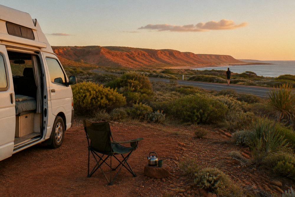 A campervan parked beside low coastal scrub with red hills in the background