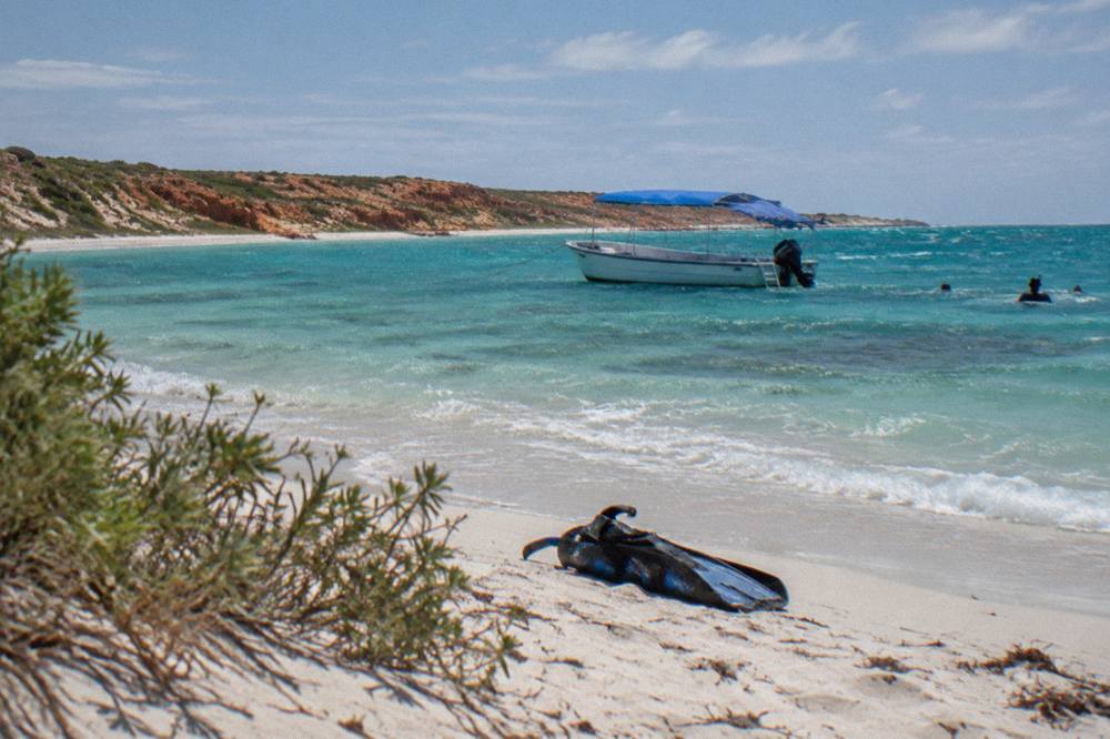 A small charter boat anchored over clear shallow reef water near Coral Bay