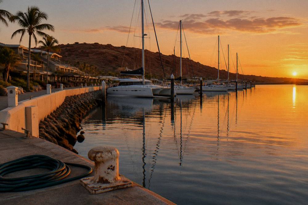 Sunset over calm moored boats at a Ningaloo town jetty