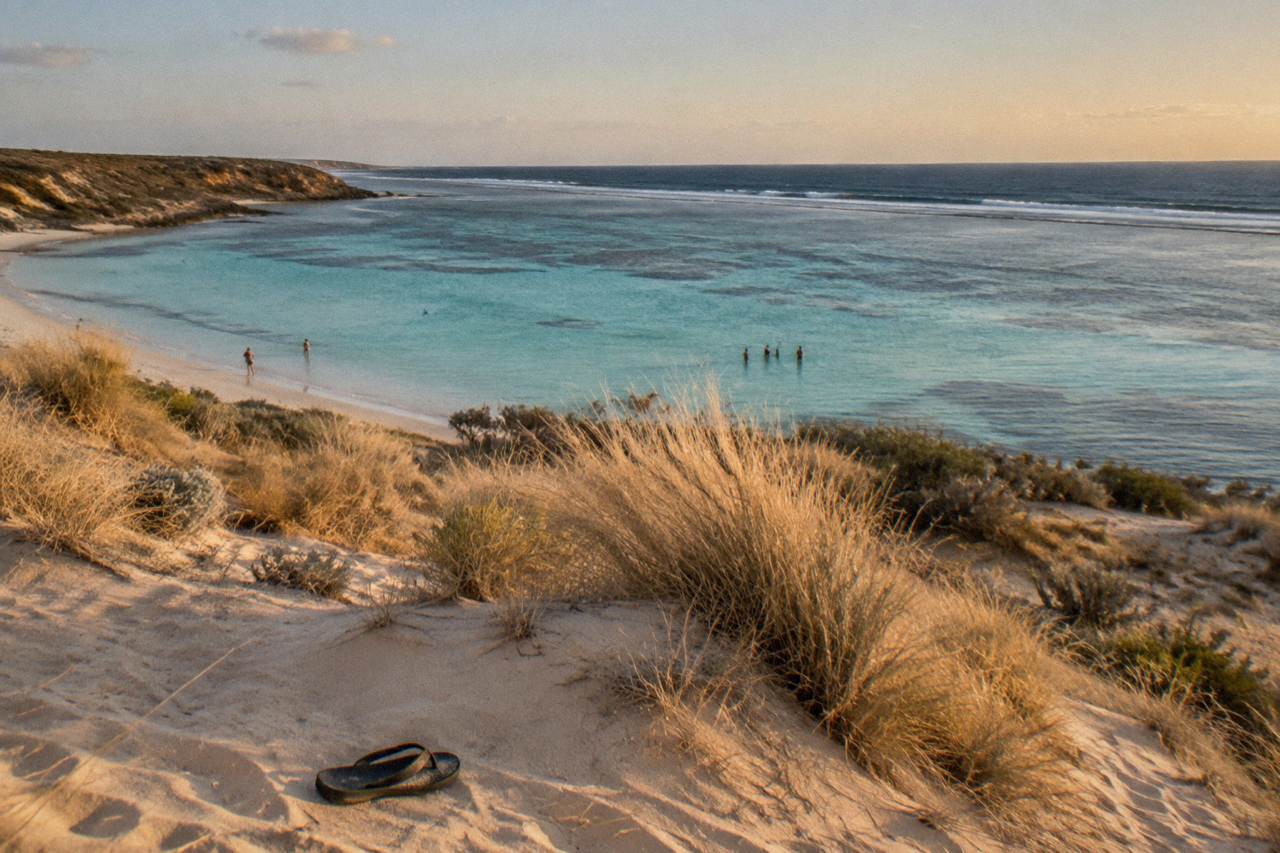 Turquoise lagoon water along the Ningaloo Reef coastline with reef shallows and open ocean beyond