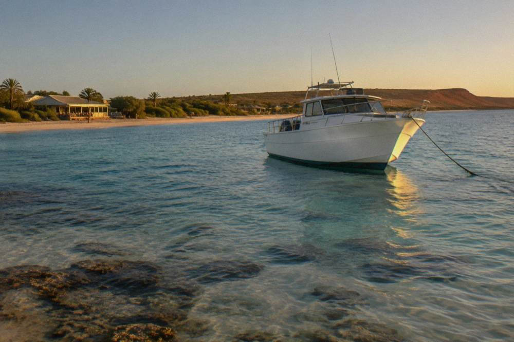 Boat anchored over clear shallow reef water near Coral Bay