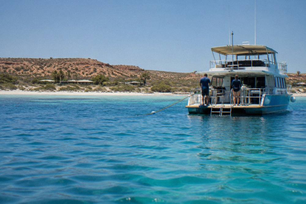 A tour boat anchored beside a reef in calm blue water near Coral Bay