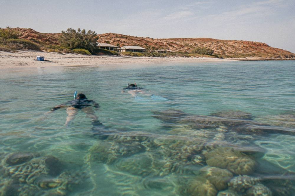Snorkellers floating over a shallow coral reef in clear water