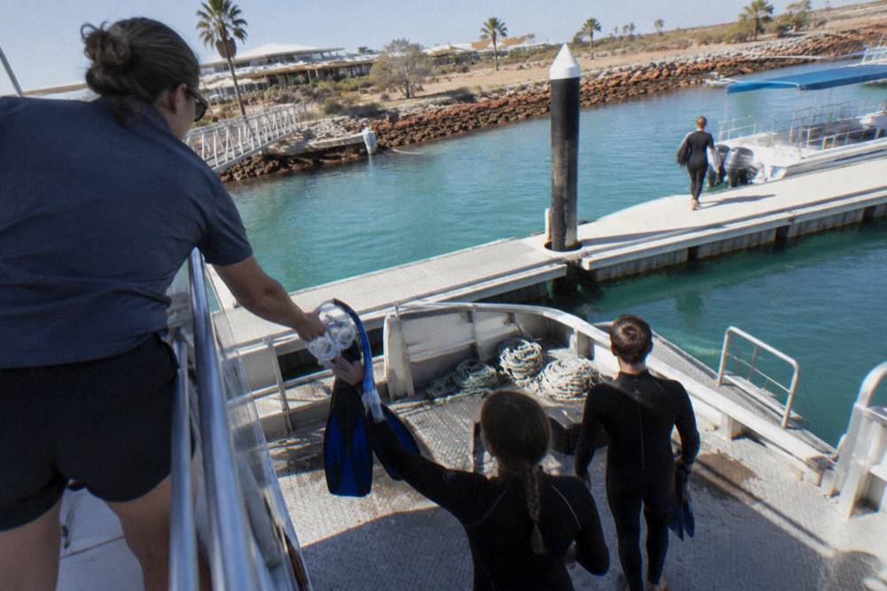 A crew member handing snorkel gear to guests on a boat deck